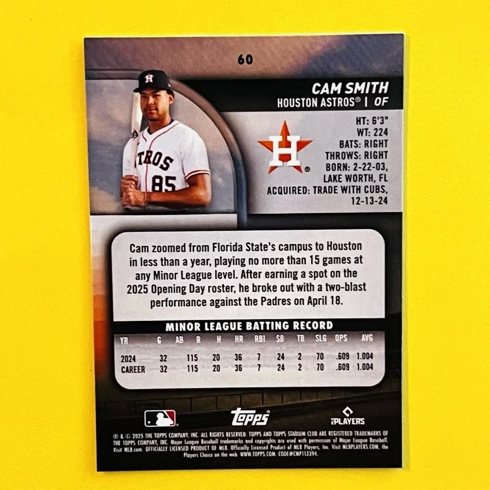 2025 Topps‎ Stadium Club Cam Smith RC Rookie #60 Houston Astros
